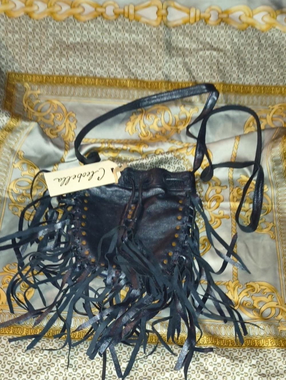 Cleobella Black Fringe Leather Crossbody with Stud Accents